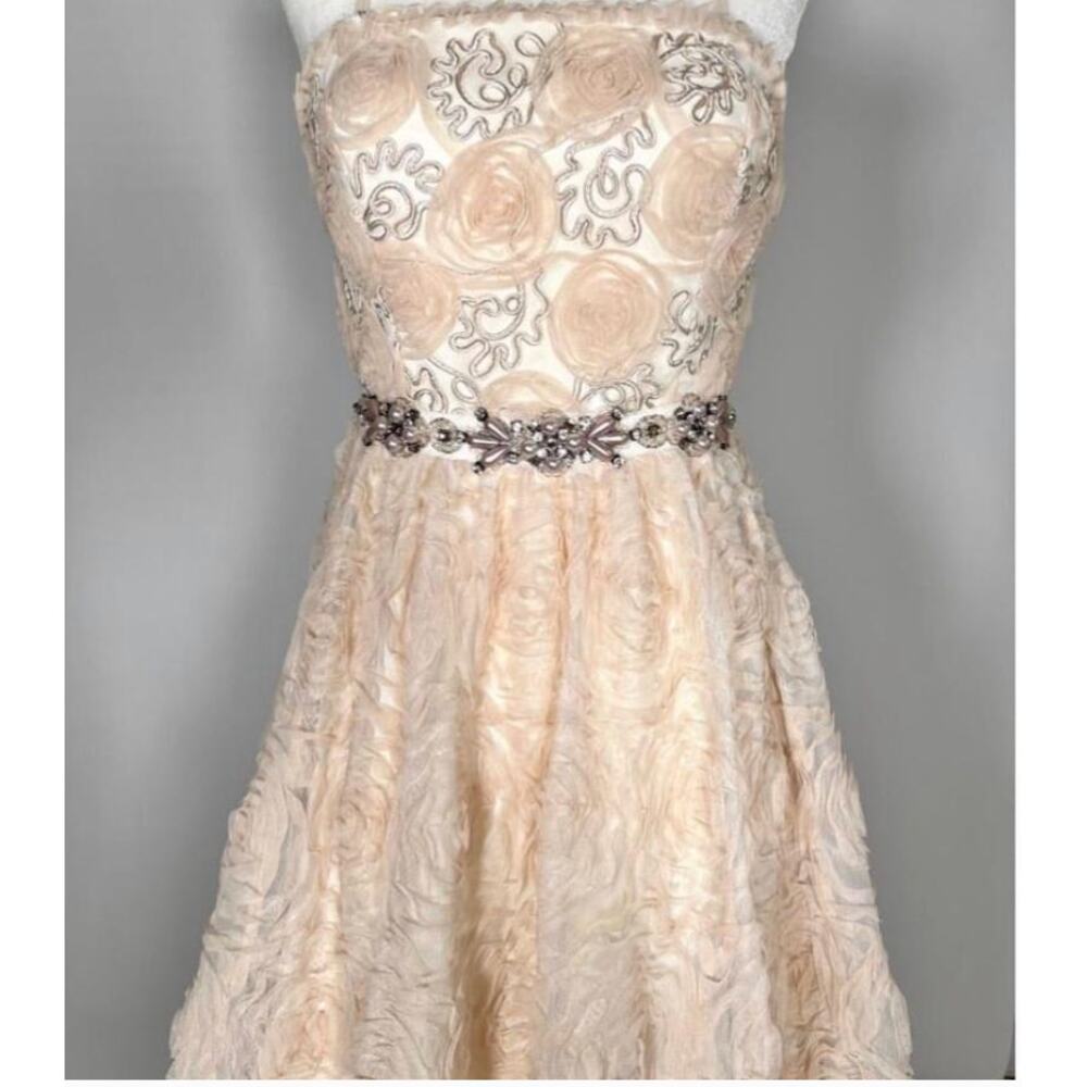 Adrianna Papell Strapless Rosette Gown Beaded Formal Dress Champagne 4 - Picture 2 of 8